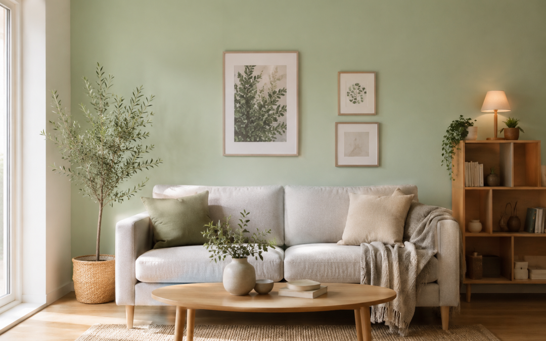 Soggiorno con parete verde salvia chiaro, esempio dell’effetto del colore alla luce naturale